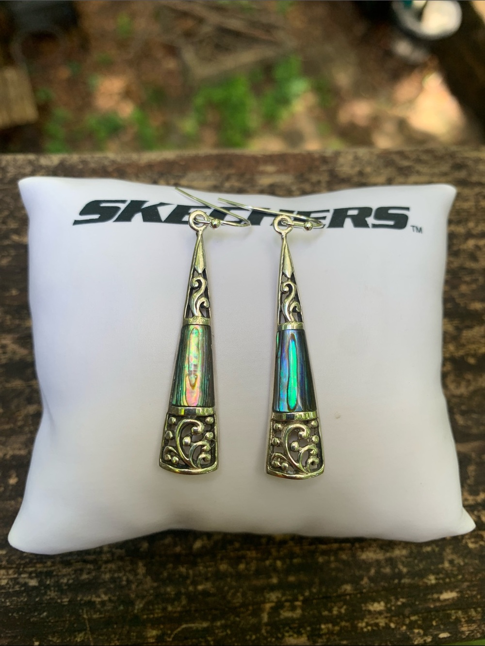 Sterling Silver Iridescent Abalone Drop Earrings with Silver Filigree